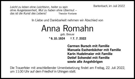 Traueranzeige von Anna Romahn von NWZ Neue Württembergische Zeitung