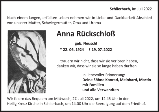 Traueranzeige von Anna Rückschloß von NWZ Neue Württembergische Zeitung