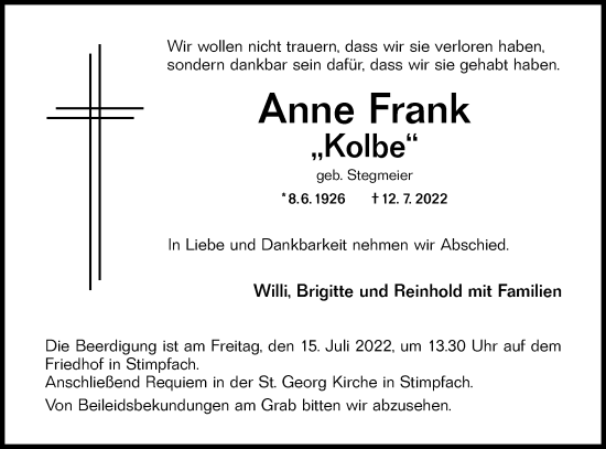 Traueranzeige von Anne Frank von Hohenloher Tagblatt