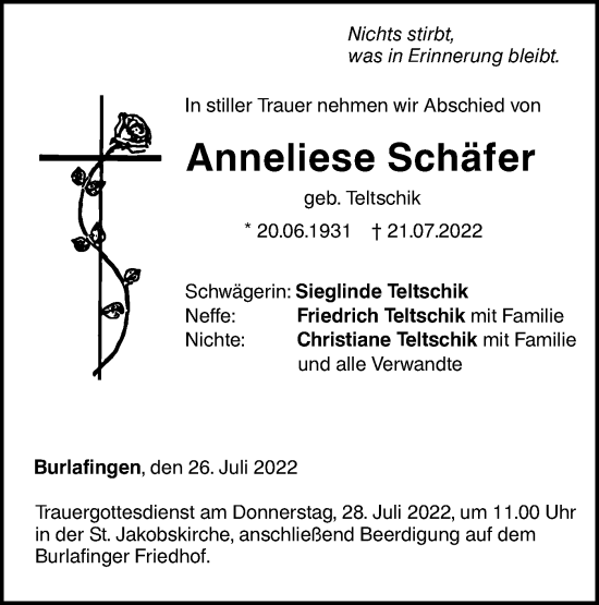 Traueranzeige von Anneliese Schäfer von SÜDWEST PRESSE Ausgabe Ulm/Neu-Ulm