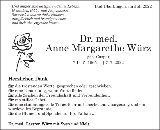 Traueranzeige von Anne Margarethe Würz von NWZ Neue Württembergische Zeitung/Geislinger Zeitung