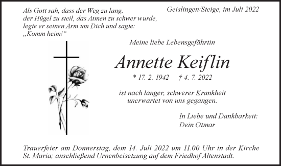 Traueranzeige von Annette Keiflin von Geislinger Zeitung