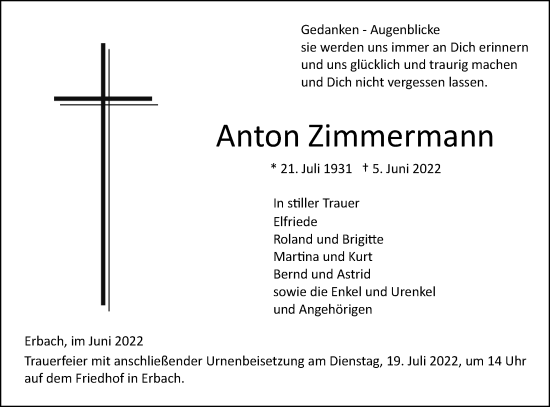 Traueranzeige von Anton Zimmermann von SÜDWEST PRESSE Ausgabe Ulm/Neu-Ulm