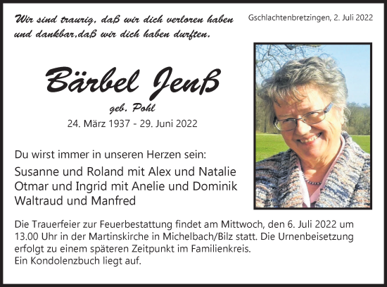 Traueranzeige von Bärbel Jenß von Haller Tagblatt