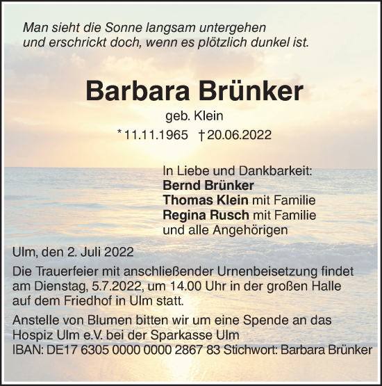 Traueranzeige von Barbara Brünker von SÜDWEST PRESSE Ausgabe Ulm/Neu-Ulm