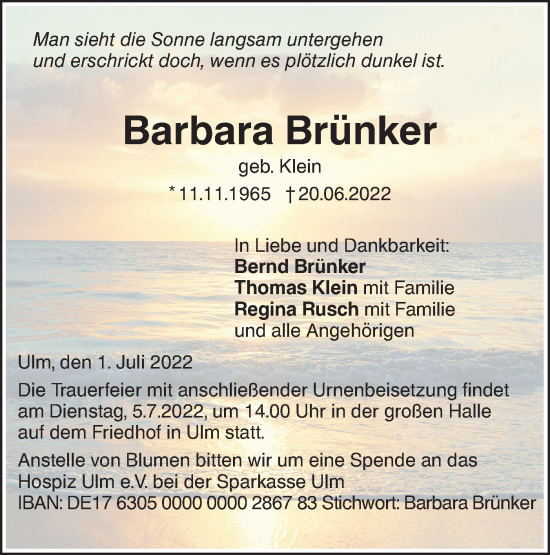 Traueranzeige von Barbara Brünker von SÜDWEST PRESSE Ausgabe Ulm/Neu-Ulm