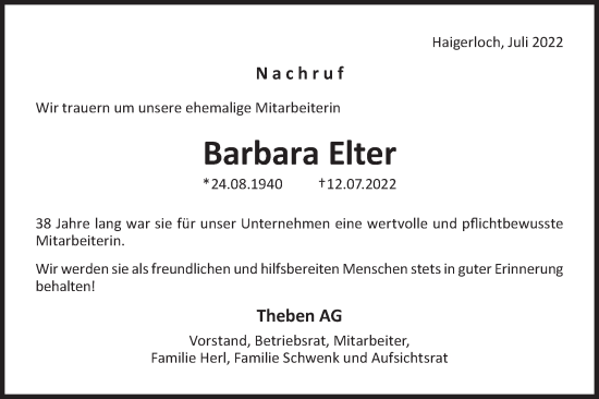 Traueranzeige von Barbara Elter von Metzinger-Uracher Volksblatt