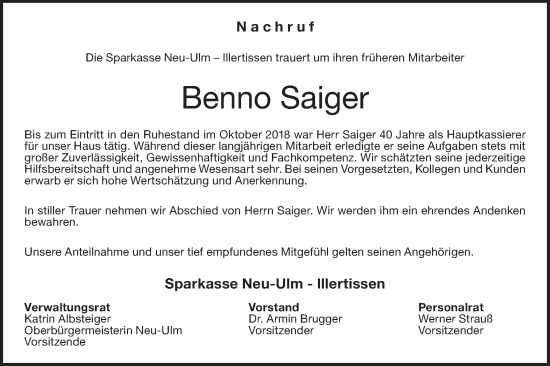 Traueranzeige von Benno Saiger von SÜDWEST PRESSE Ausgabe Ulm/Neu-Ulm