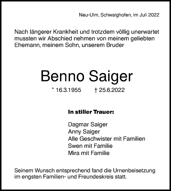 Traueranzeige von Benno Saiger von SÜDWEST PRESSE Ausgabe Ulm/Neu-Ulm