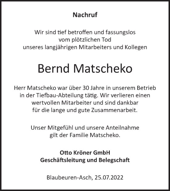 Traueranzeige von Bernd Matscheko von SÜDWEST PRESSE Ausgabe Ulm/Neu-Ulm