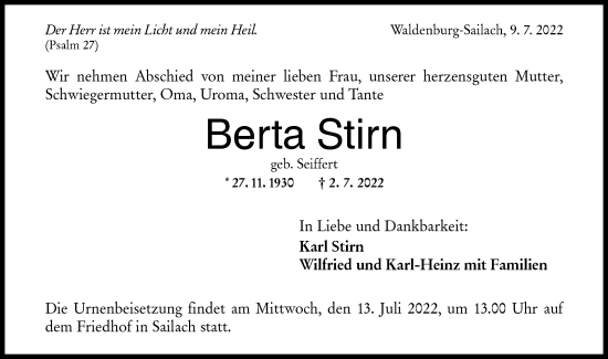 Traueranzeige von Berta Stirn von Haller Tagblatt