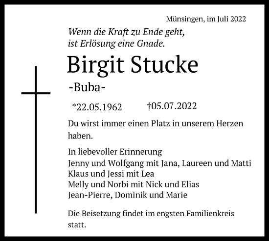 Traueranzeige von Birgit Stucke von Alb-Bote/Metzinger-Uracher Volksblatt