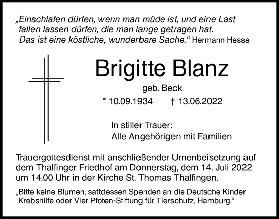 Traueranzeige von Brigitte Blanz von SÜDWEST PRESSE Ausgabe Ulm/Neu-Ulm