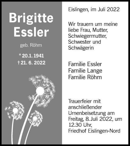 Traueranzeige von Brigitte Essler von NWZ Neue Württembergische Zeitung