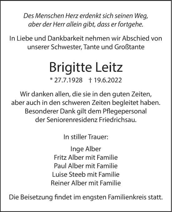 Traueranzeige von Brigitte Leitz von SÜDWEST PRESSE Ausgabe Ulm/Neu-Ulm