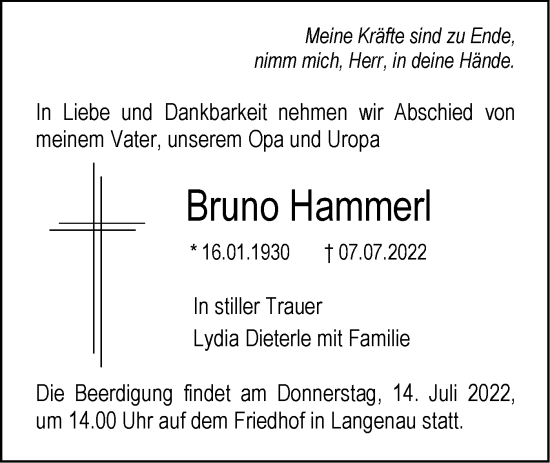 Traueranzeige von Bruno Hammerl von SÜDWEST PRESSE Ausgabe Ulm/Neu-Ulm