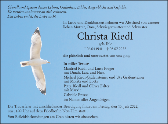 Traueranzeige von Christa Riedl von SÜDWEST PRESSE Ausgabe Ulm/Neu-Ulm