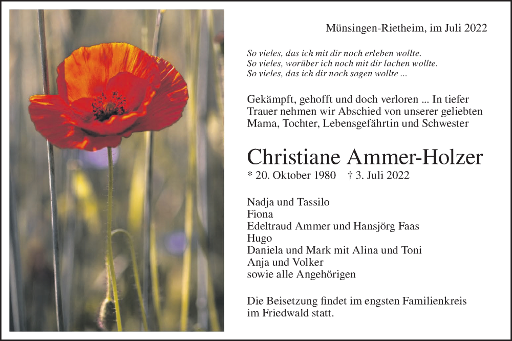  Traueranzeige für Christiane Ammer-Holzer vom 09.07.2022 aus Alb-Bote/Metzinger-Uracher Volksblatt