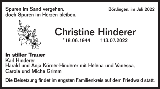 Traueranzeige von Christine Hinderer von NWZ Neue Württembergische Zeitung