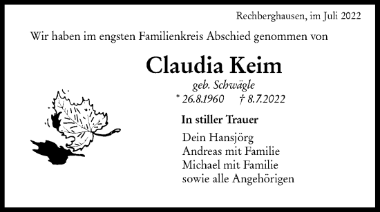 Traueranzeige von Claudia Keim von NWZ Neue Württembergische Zeitung