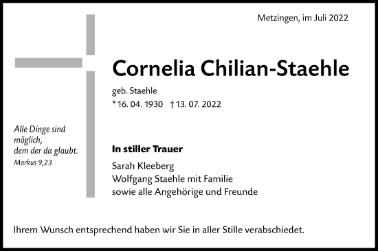 Traueranzeige von Cornelia Chilian-Staehle von Metzinger-Uracher Volksblatt