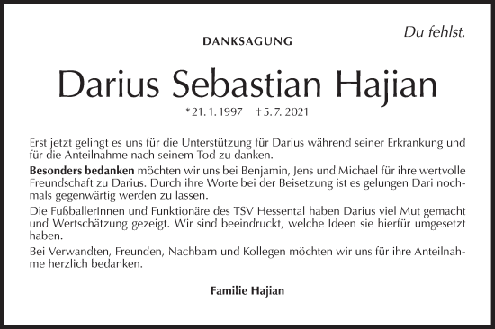 Traueranzeige von Darius Sebastian Hajian von Haller Tagblatt