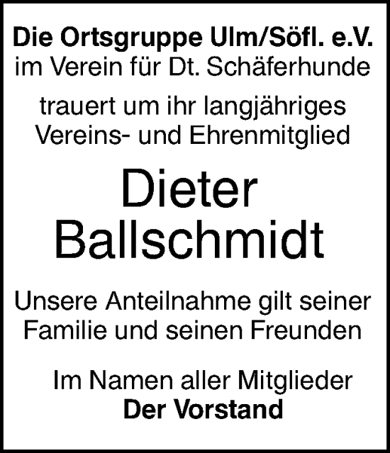 Traueranzeige von Dieter Ballschmidt von SÜDWEST PRESSE Ausgabe Ulm/Neu-Ulm