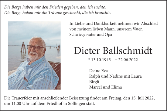 Traueranzeige von Dieter Ballschmidt von SÜDWEST PRESSE Ausgabe Ulm/Neu-Ulm