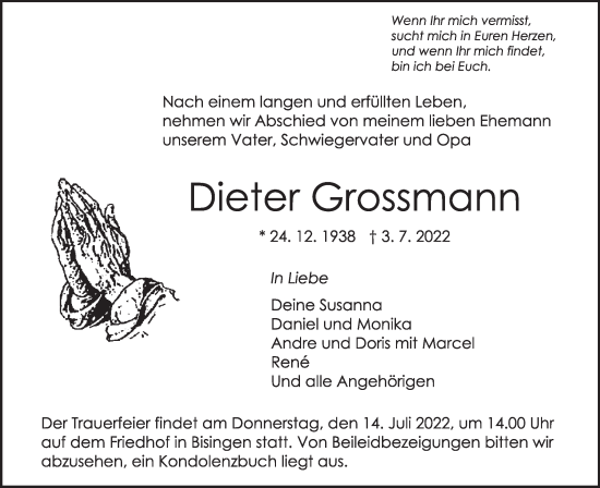 Traueranzeige von Dieter Grossmann von Metzinger-Uracher Volksblatt