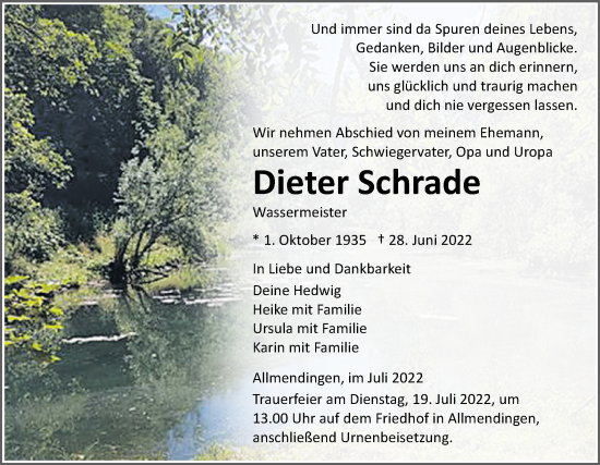 Traueranzeige von Dieter Schrade von SÜDWEST PRESSE