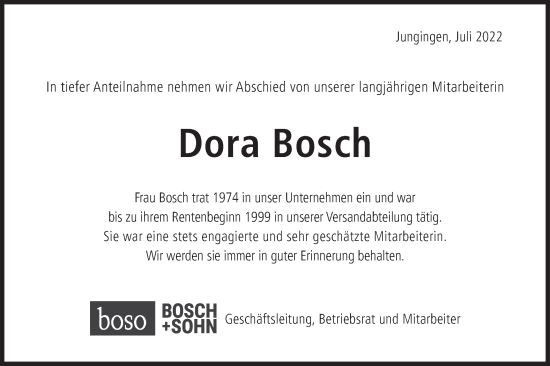 Traueranzeige von Dora Bosch von Metzinger-Uracher Volksblatt