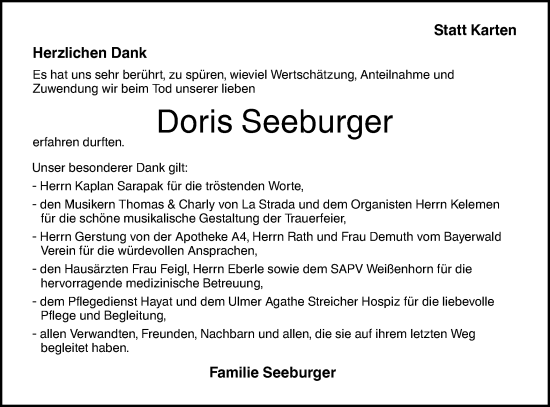 Traueranzeige von Doris Seeburger von SÜDWEST PRESSE Ausgabe Ulm/Neu-Ulm