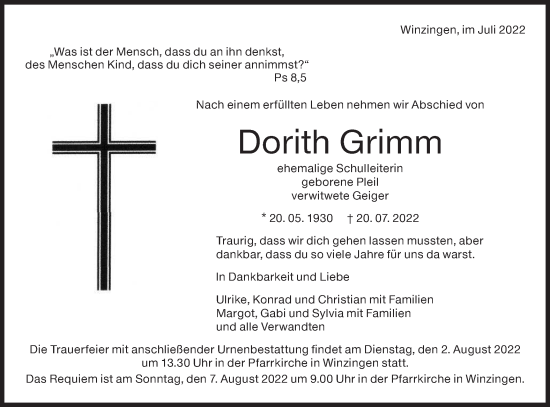 Traueranzeige von Dorith Grimm von NWZ Neue Württembergische Zeitung