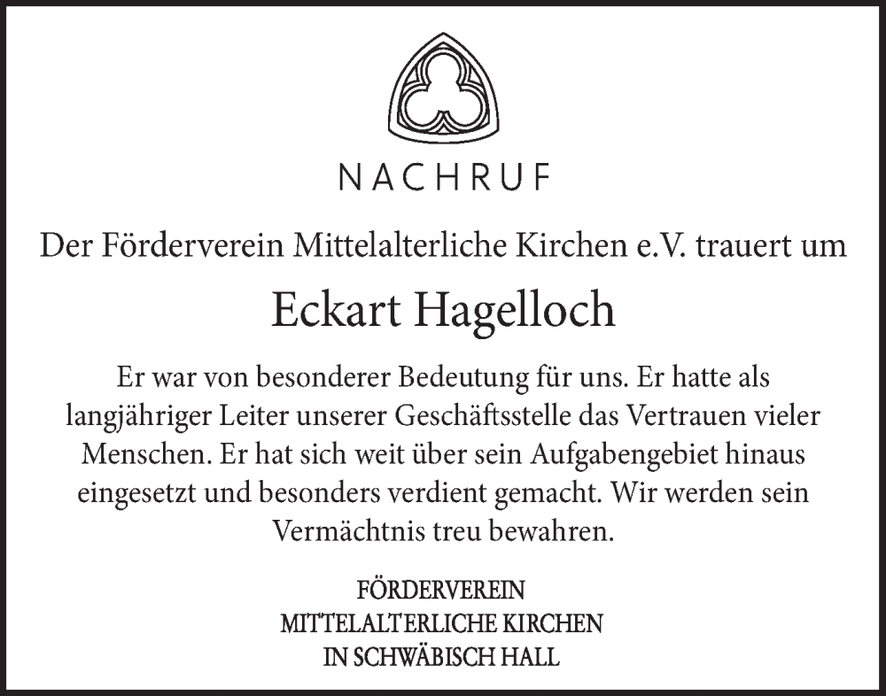  Traueranzeige für Eckart Hagelloch vom 04.07.2022 aus Haller Tagblatt