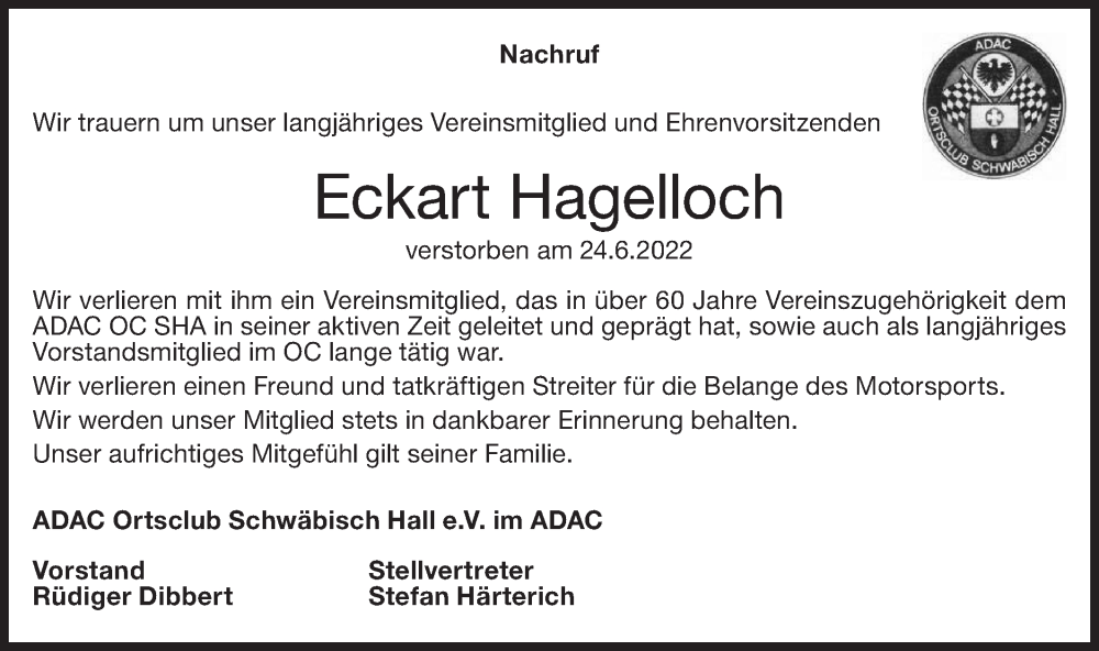  Traueranzeige für Eckart Hagelloch vom 04.07.2022 aus Haller Tagblatt