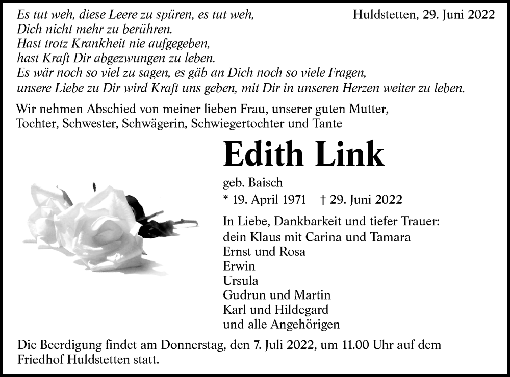  Traueranzeige für Edith Link vom 05.07.2022 aus Alb-Bote/Metzinger-Uracher Volksblatt