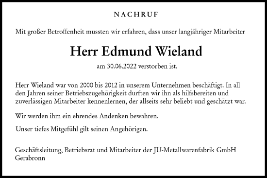 Traueranzeige von Edmund Wieland von Hohenloher Tagblatt