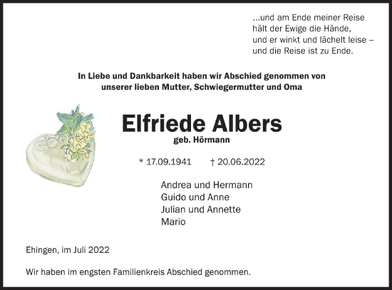 Traueranzeige von Elfriede Albers von Ehinger Tagblatt