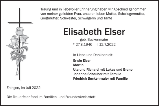 Traueranzeige von Elisabeth Elser von Ehinger Tagblatt