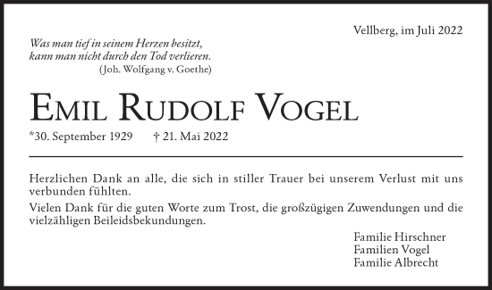 Traueranzeige von Emil Rudolf Vogel von Haller Tagblatt