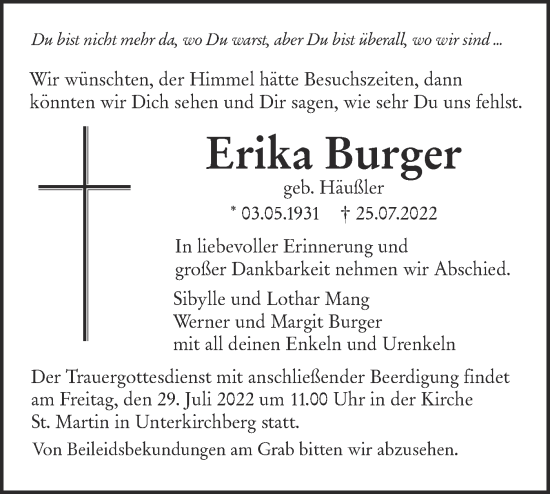 Traueranzeige von Erika Burger von SÜDWEST PRESSE Ausgabe Ulm/Neu-Ulm