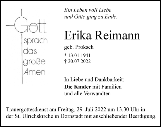 Traueranzeige von Erika Reimann von SÜDWEST PRESSE Ausgabe Ulm/Neu-Ulm