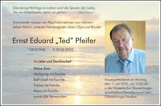 Traueranzeige von Ernst Eduard Pfeifer von SÜDWEST PRESSE Ausgabe Ulm/Neu-Ulm