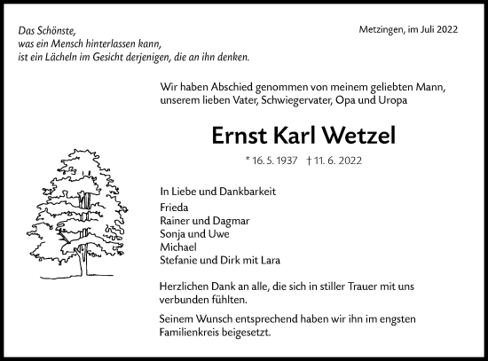 Traueranzeige von Ernst Karl Wetzel von Metzinger-Uracher Volksblatt