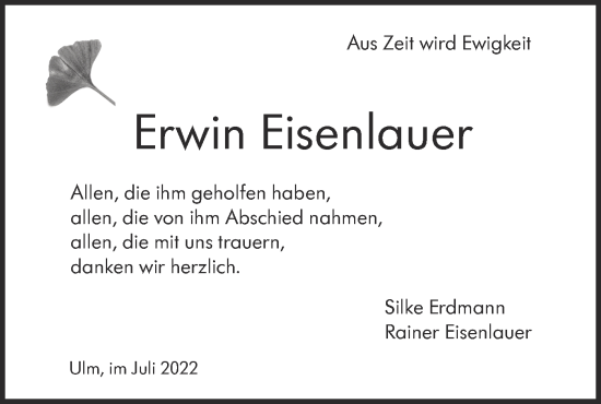 Traueranzeige von Erwin Eisenlauer von SÜDWEST PRESSE Ausgabe Ulm/Neu-Ulm