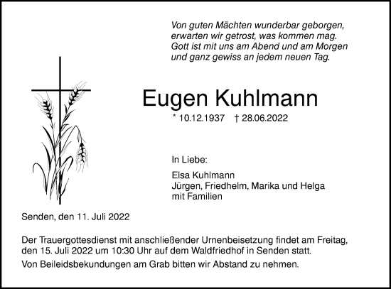 Traueranzeige von Eugen Kuhlmann von SÜDWEST PRESSE Ausgabe Ulm/Neu-Ulm