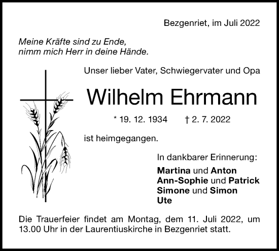 Traueranzeige von Wilhelm Ehrmann von NWZ Neue Württembergische Zeitung