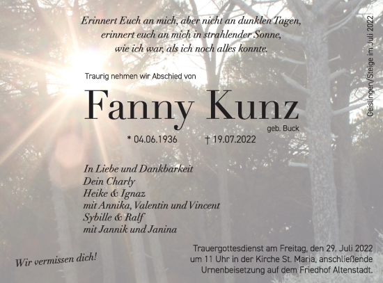 Traueranzeige von Fanny Kunz von Geislinger Zeitung