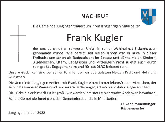 Traueranzeige von Frank Kugler von Metzinger-Uracher Volksblatt