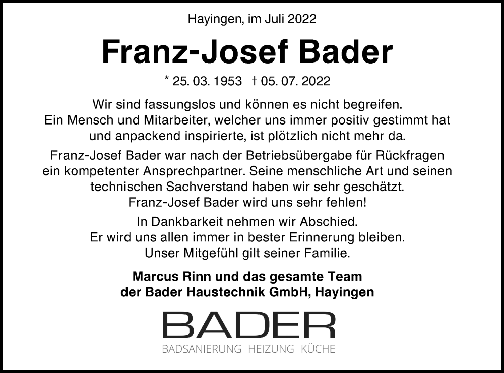  Traueranzeige für Franz-Josef Bader vom 08.07.2022 aus Alb-Bote/Metzinger-Uracher Volksblatt